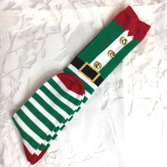 Christmas Bells Elf green white stripe Knee Socks  NWT - Picture 2 of 7